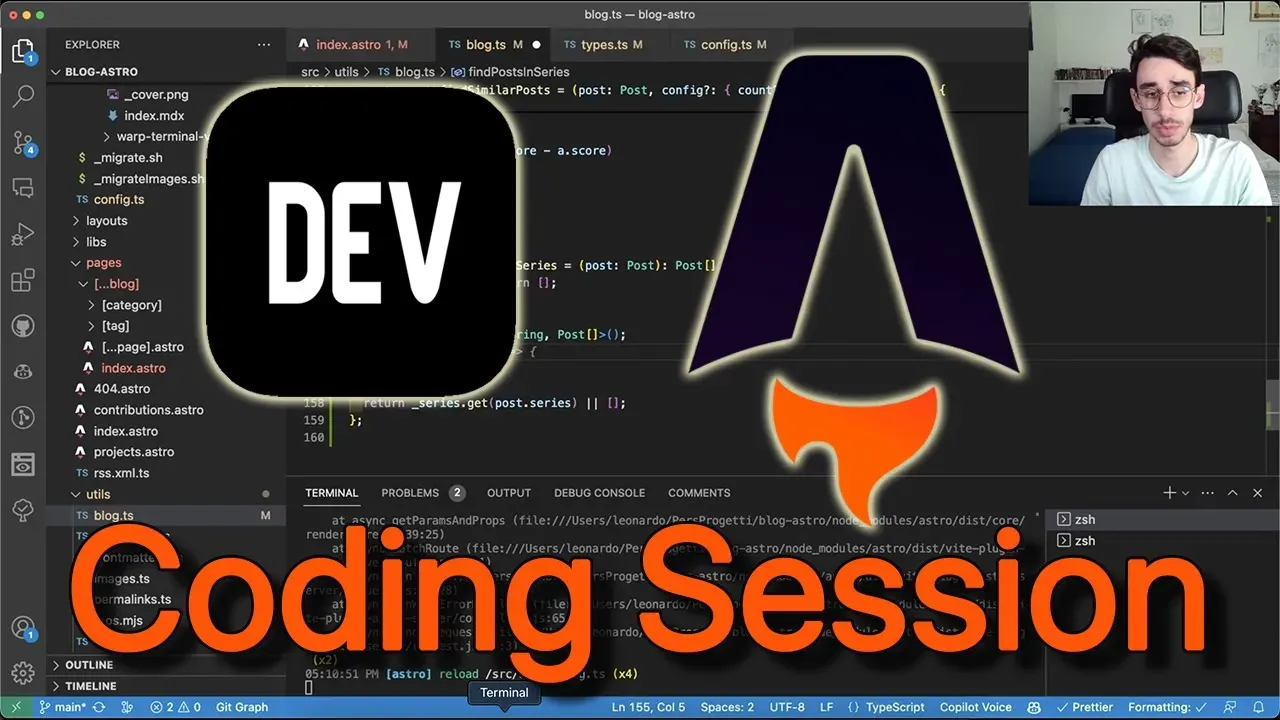 Tech stack is Astro SSG with Typescript, articles are on mdx files and Netlify is the hosting. Join me in this short coding session!